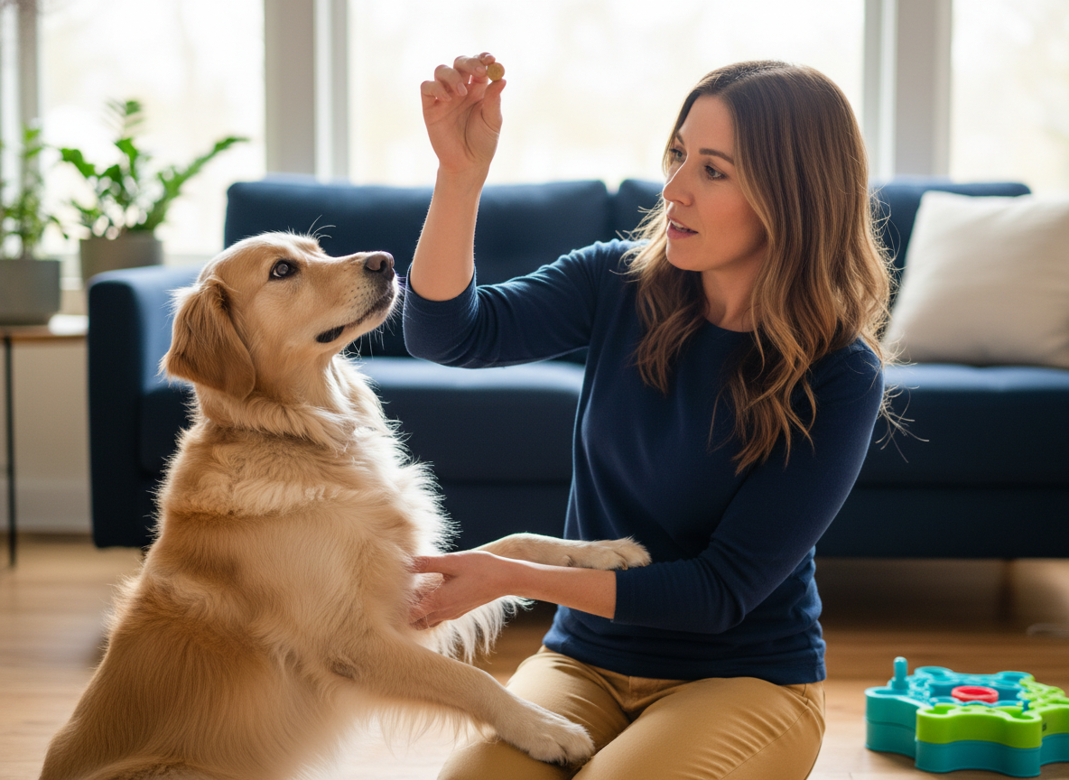 Owner using a treat to practice the airplane focus game with a dog.