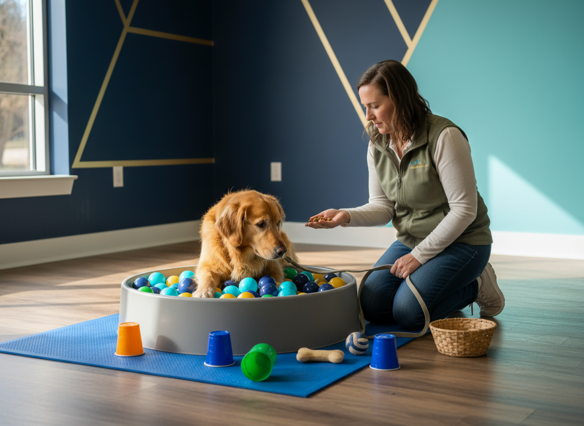 Dog searching for treats in a shallow ball pit enrichment bin.