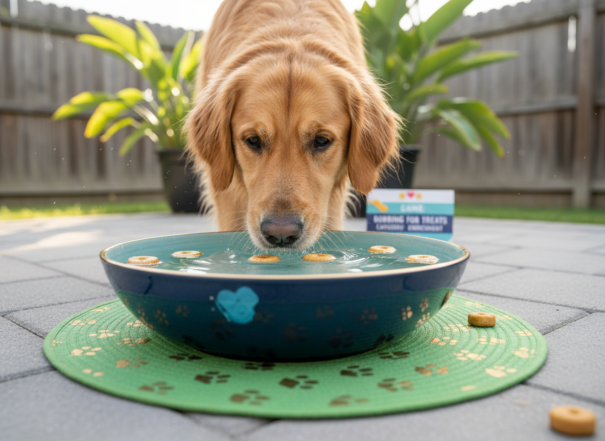 Dog gently bobbing for floating treats in a shallow bowl.