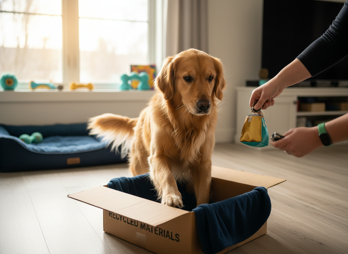 Dog stepping into a low cardboard box during shaping practice.