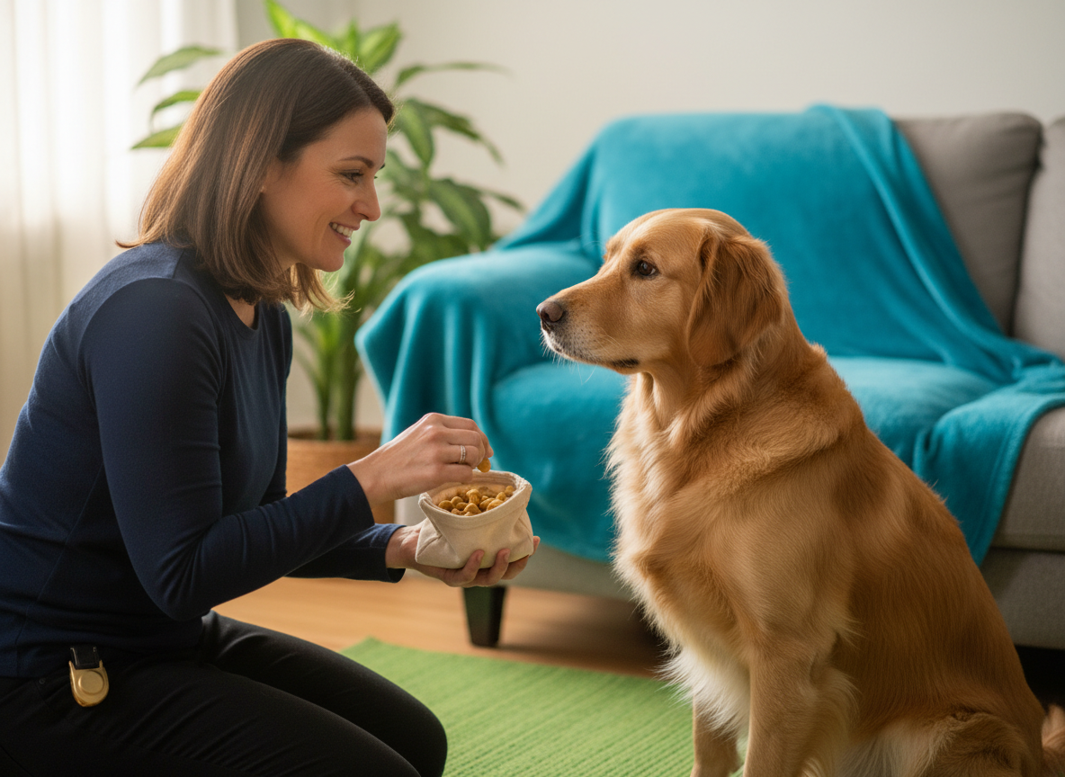 Dog calmly making eye contact with an owner holding treats.