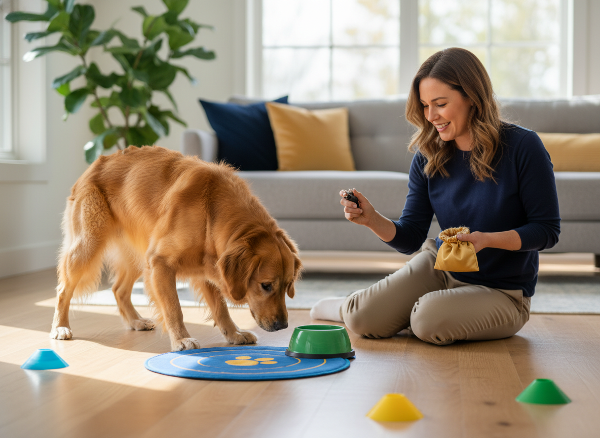 Dog solving a shaping puzzle with a target object on the floor.
