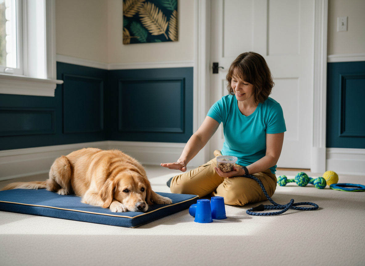 Owner pausing play so a dog can settle calmly on a mat.