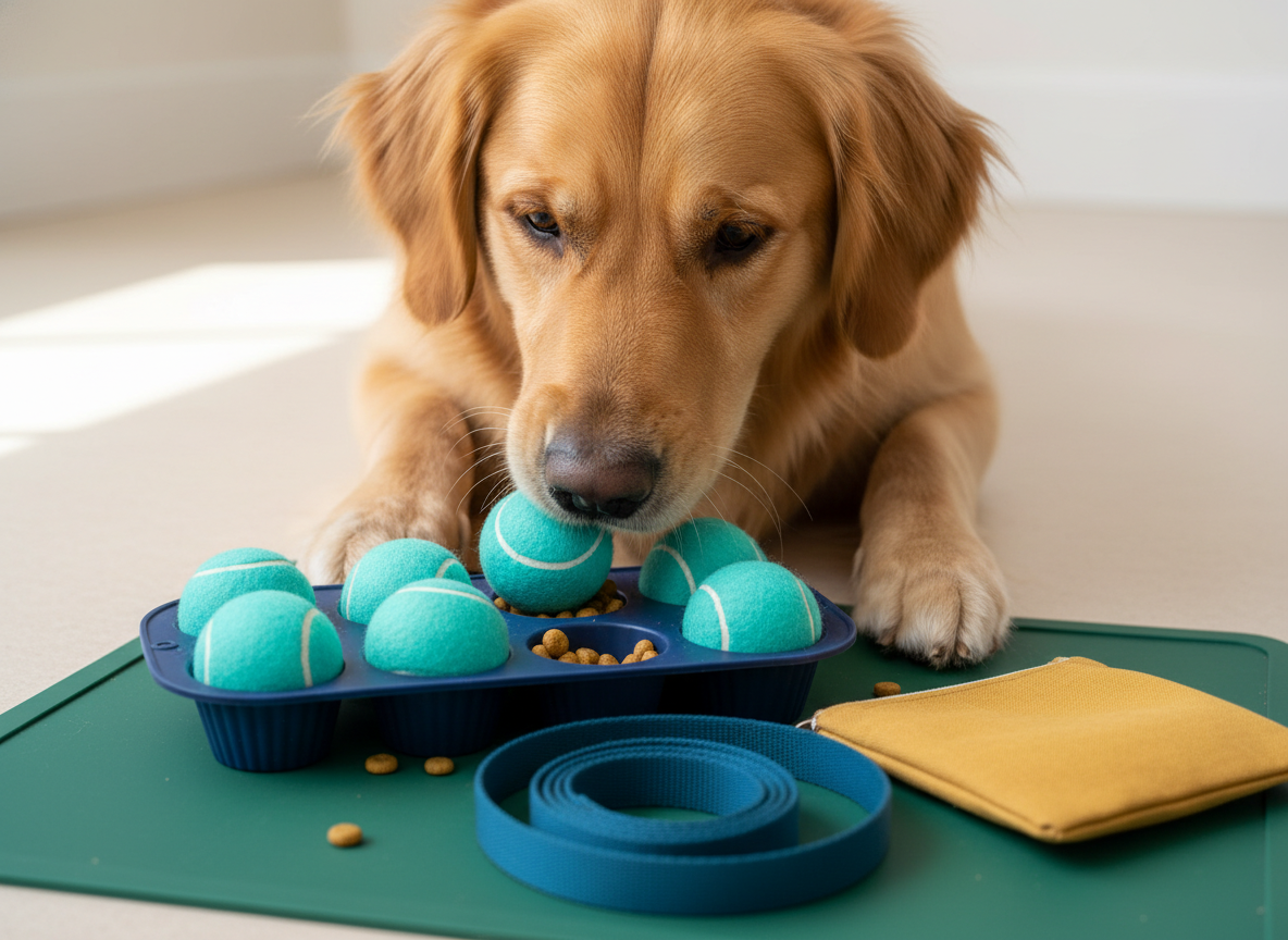 Dog solving a muffin tin puzzle with tennis balls and kibble.