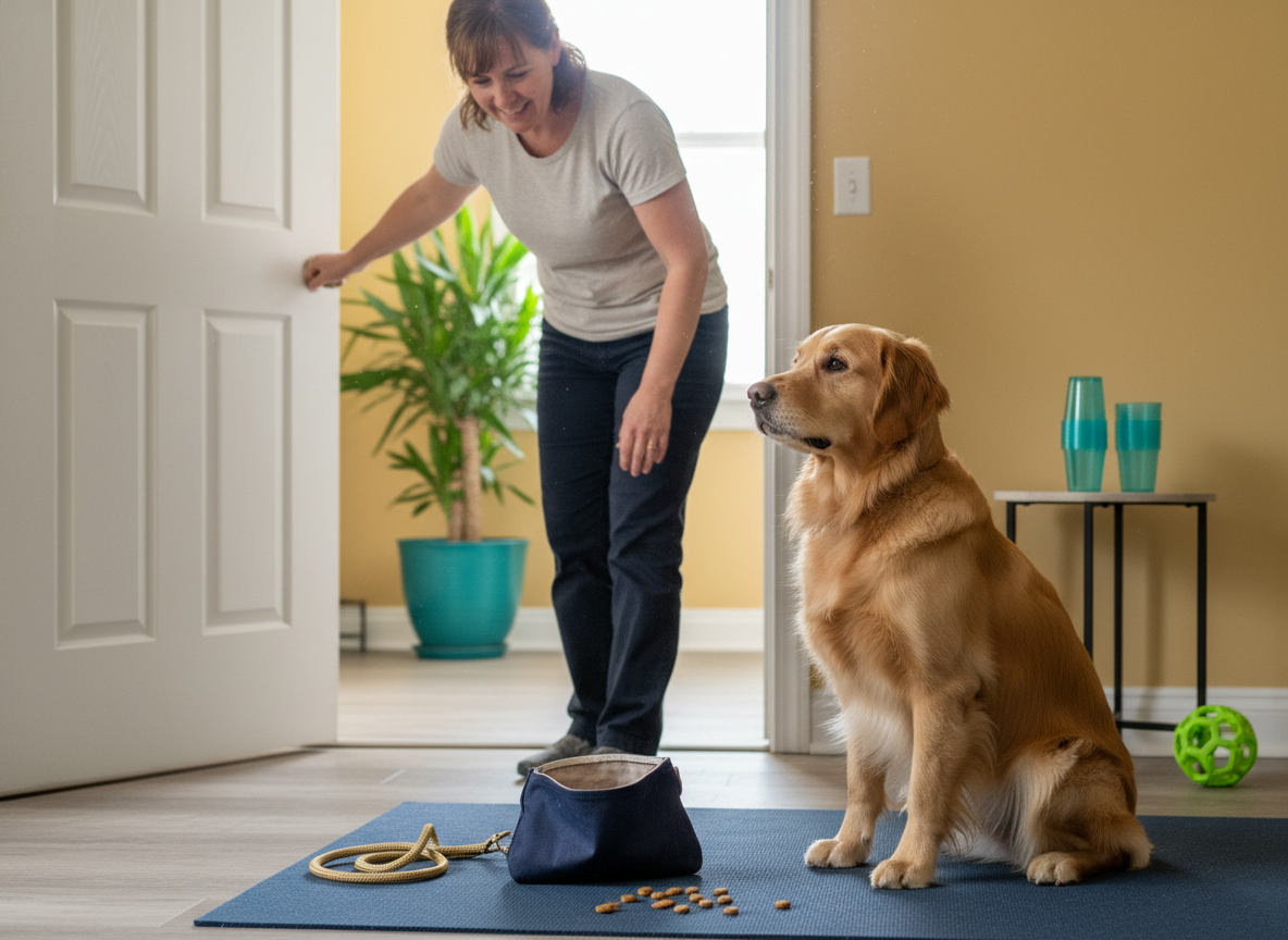 Dog waiting calmly as an owner opens an interior door.