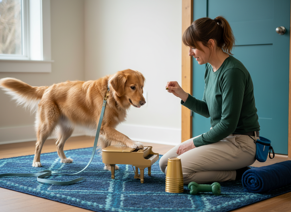 Dog pressing a toy piano key with one paw.
