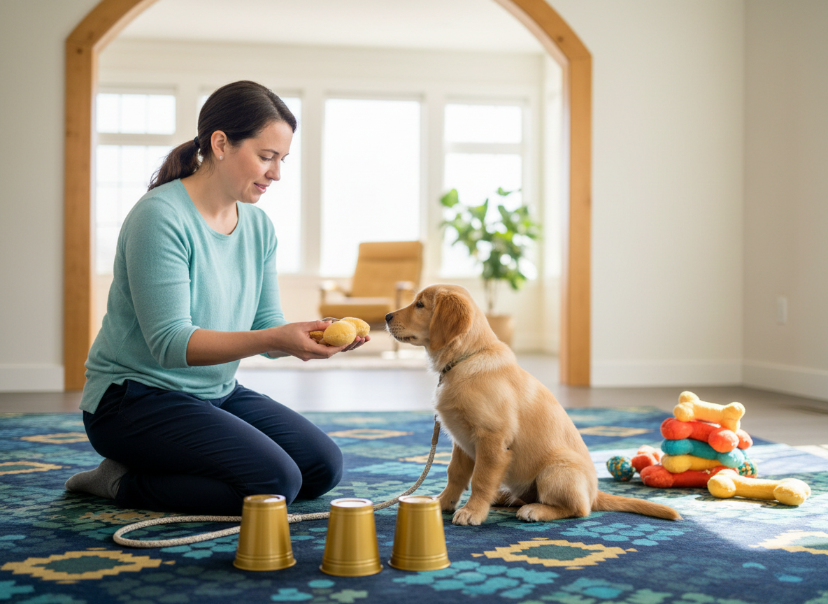 Puppy redirecting from hands to a soft toy during play.