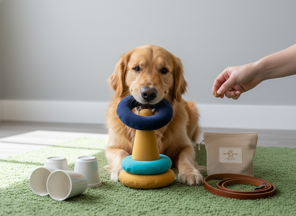 Dog placing a large ring onto a safe stacking toy.