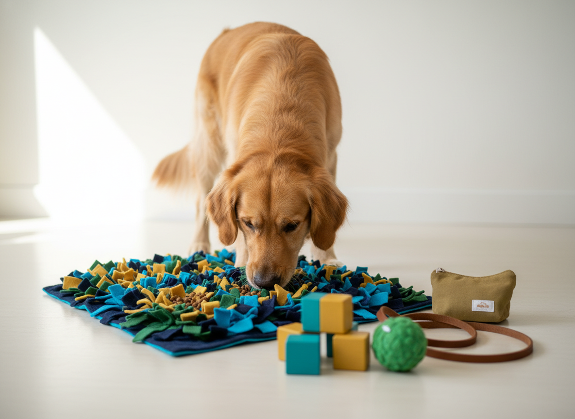 Dog calmly sniffing kibble from a snuffle mat.