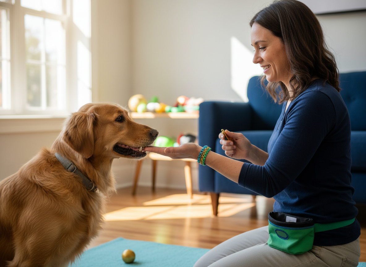 Dog touching a trainer's hand target in a bright living room.