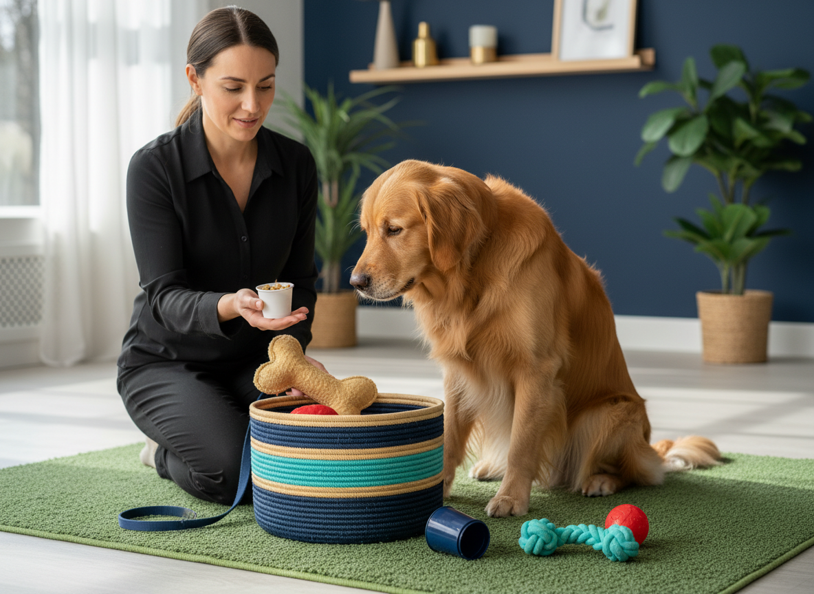 Dog dropping a toy into a toy basket during tidy up training.
