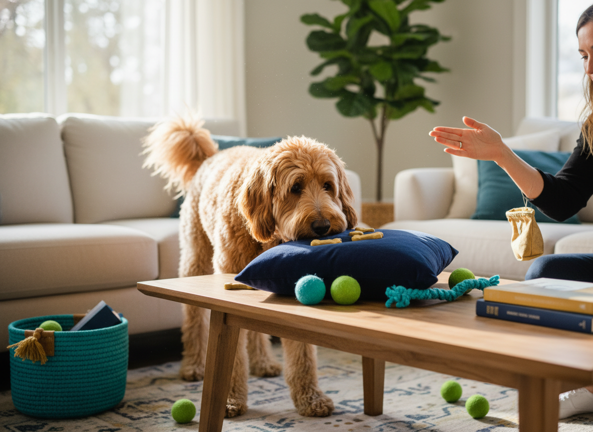 Dog sniffing for hidden treats around safe living room objects.