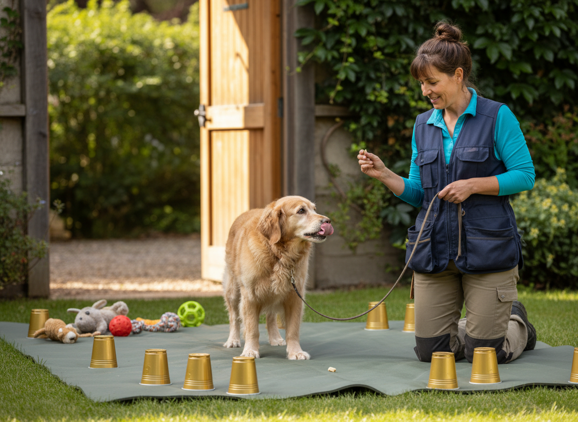 Dog eating a dropped treat and looking back up at the handler.