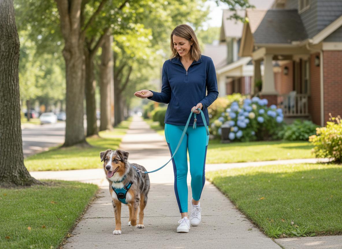 Owner practicing a calm loose leash walking game outdoors.