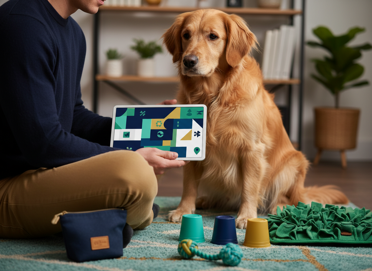 Dog owner choosing training games on a tablet beside a dog.