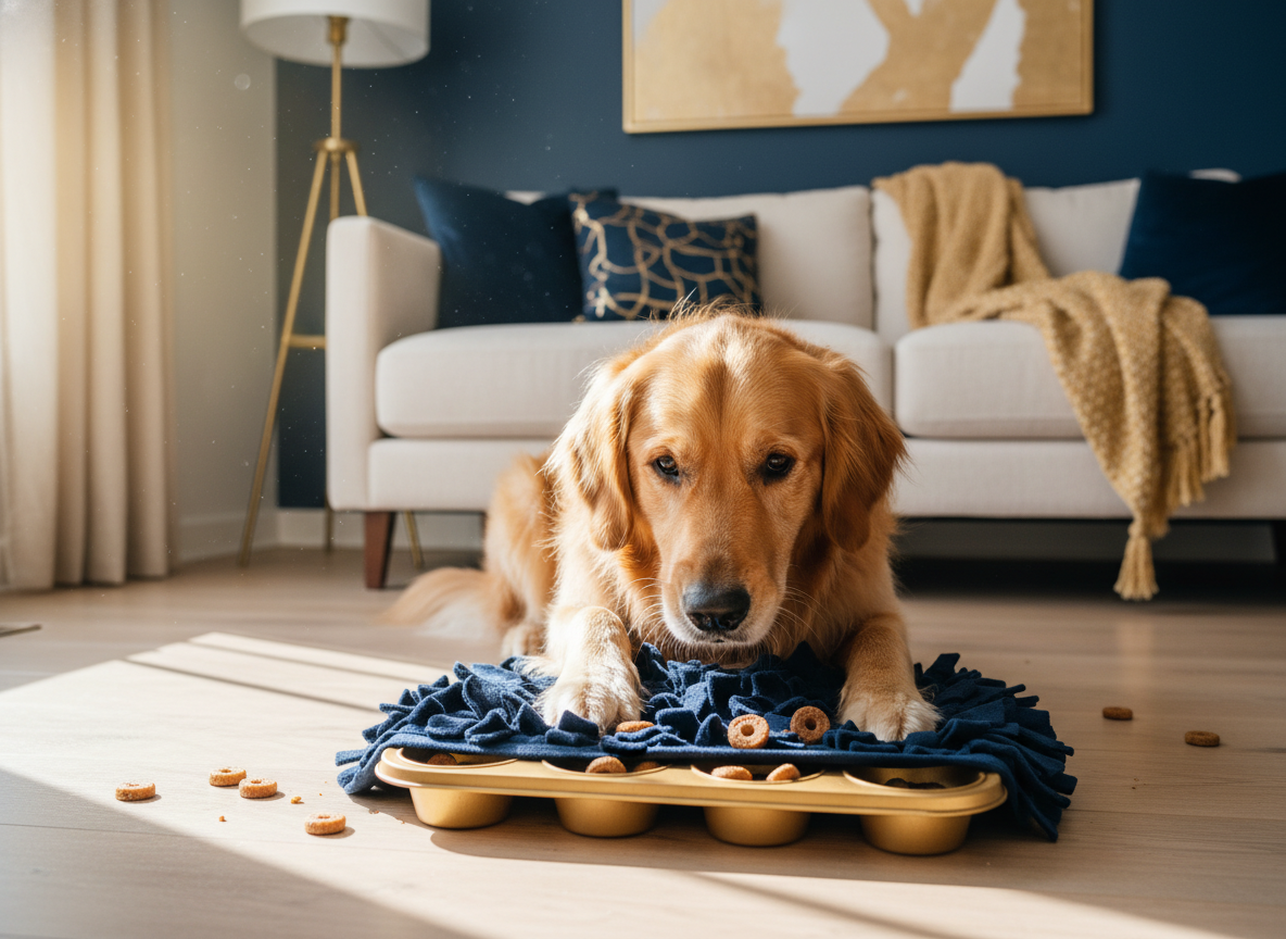Dog playing a calm indoor enrichment game with puzzle props.