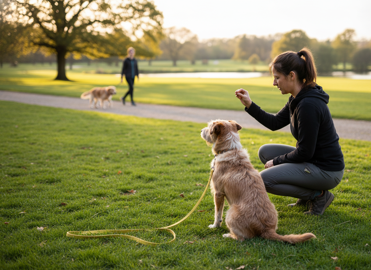 Dog observing another dog from a safe distance during training.